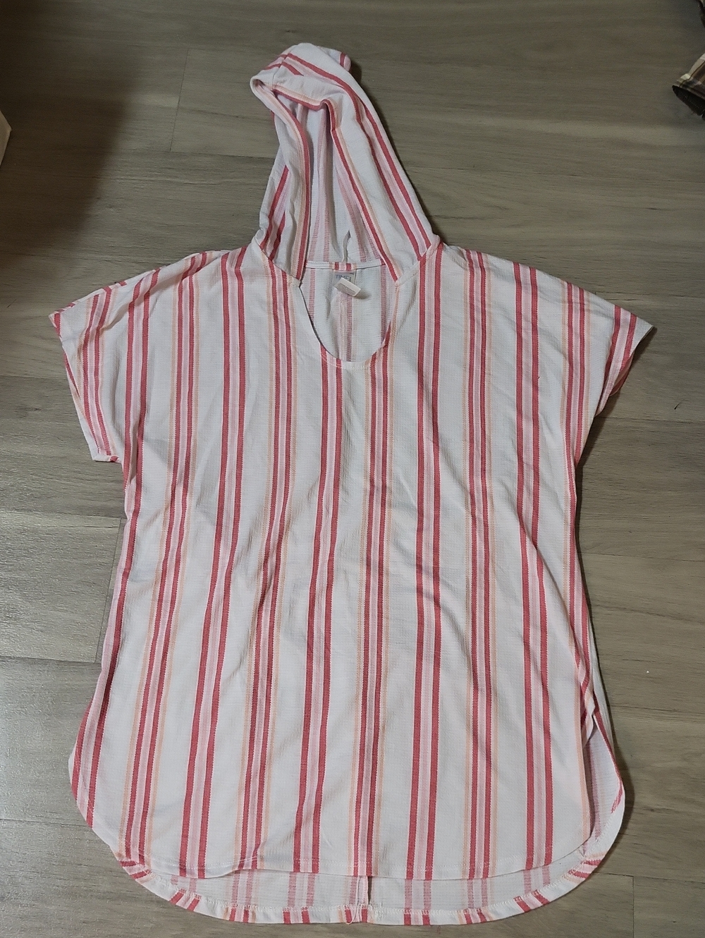 Time and Tru Pink & White Striped Hooded Short Sleeve Top